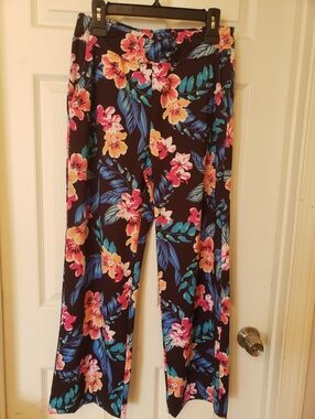 Floral Wide-Leg Women’s Pants - Black with Pink & Blue Floral Size Small